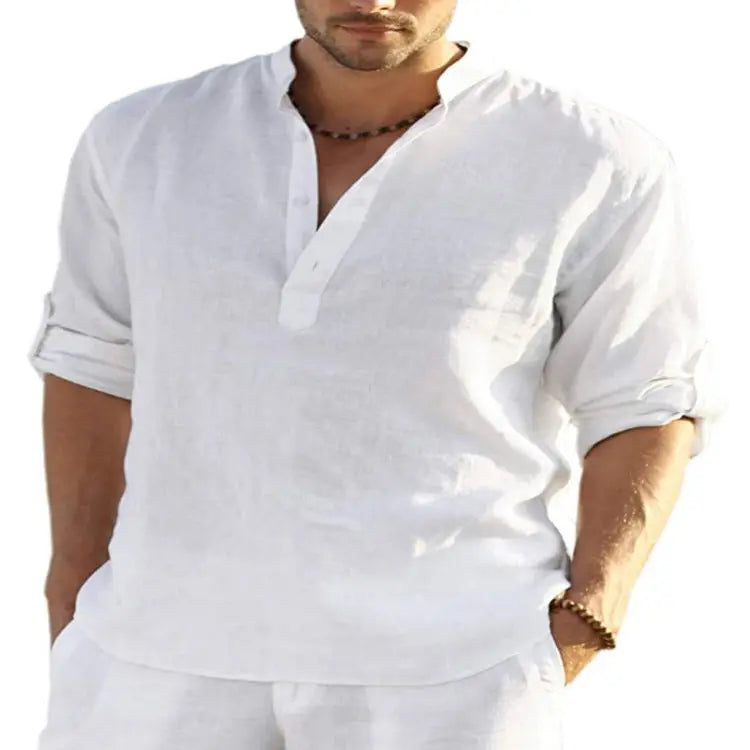 Men’s Casual Cotton Linen Long Sleeve Shirt – Breathable & Stylish - Reggae Kush
