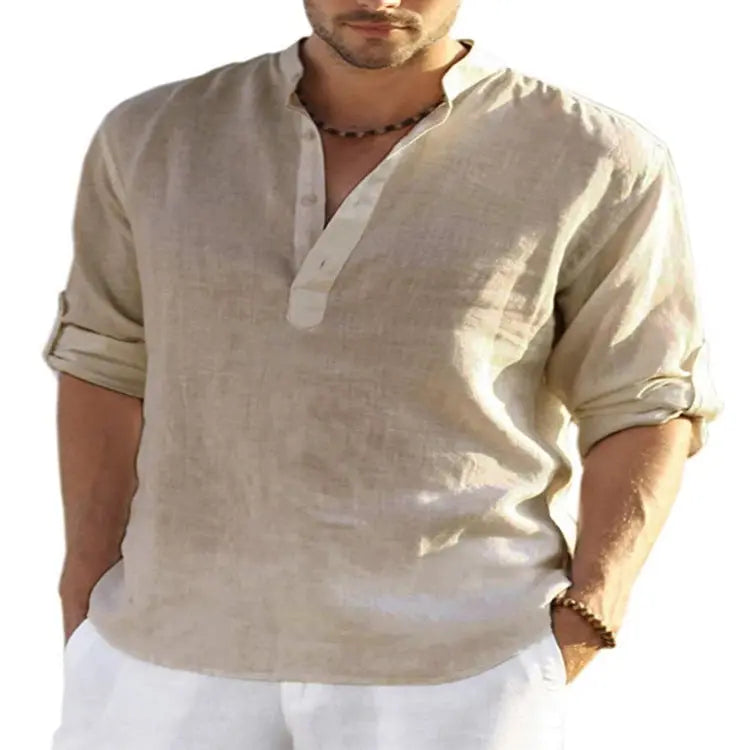 Men’s Casual Cotton Linen Long Sleeve Shirt – Breathable & Stylish - Reggae Kush