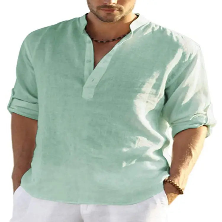 Men’s Casual Cotton Linen Long Sleeve Shirt – Breathable & Stylish - Reggae Kush