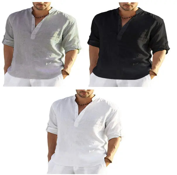 Men’s Casual Cotton Linen Long Sleeve Shirt – Breathable & Stylish - Reggae Kush