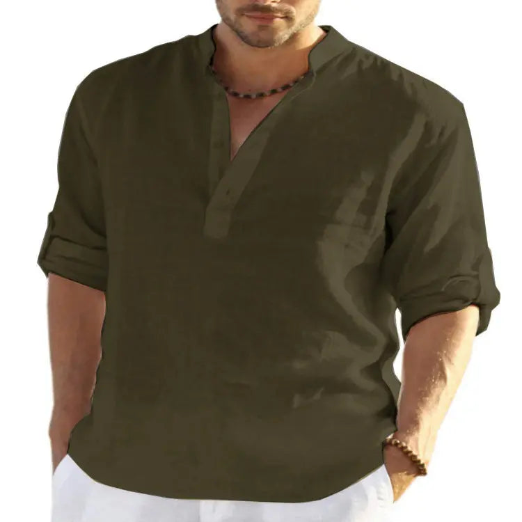 Men’s Casual Cotton Linen Long Sleeve Shirt – Breathable & Stylish - Reggae Kush