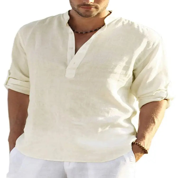 Men’s Casual Cotton Linen Long Sleeve Shirt – Breathable & Stylish - Reggae Kush