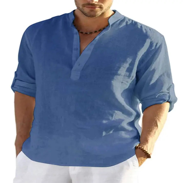 Men’s Casual Cotton Linen Long Sleeve Shirt – Breathable & Stylish - Reggae Kush
