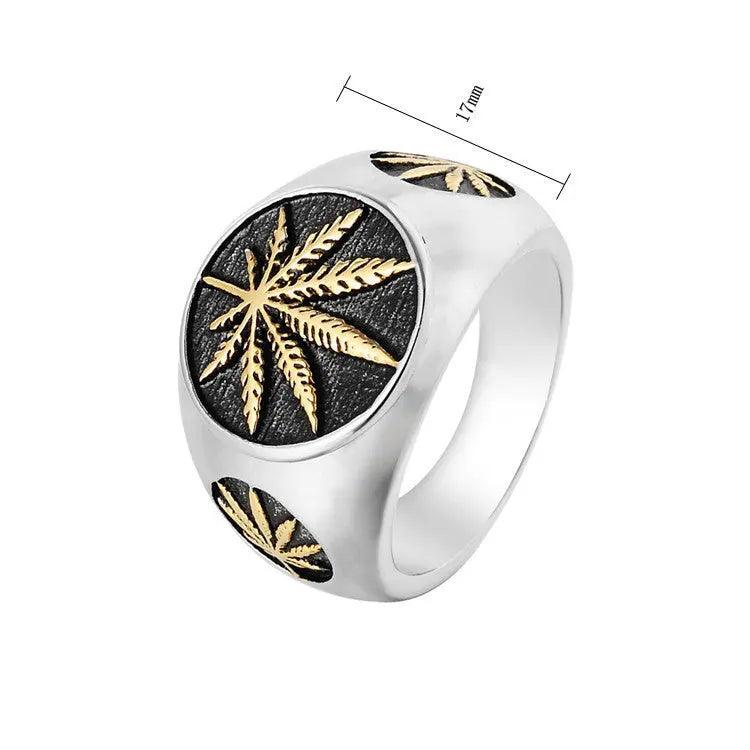 Reggae Kush Weed Leaf Ring - Stainless Steel with Golden Detail | Irie Style - Reggae Kush