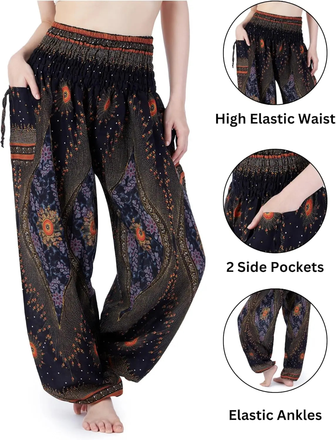 Women's Smocked Waist Boho Flowy Yoga Harem Pants Clothes - Reggae Kush