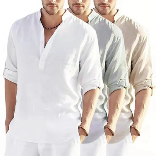 Men’s Casual Cotton Linen Long Sleeve Shirt – Breathable & Stylish - Reggae Kush